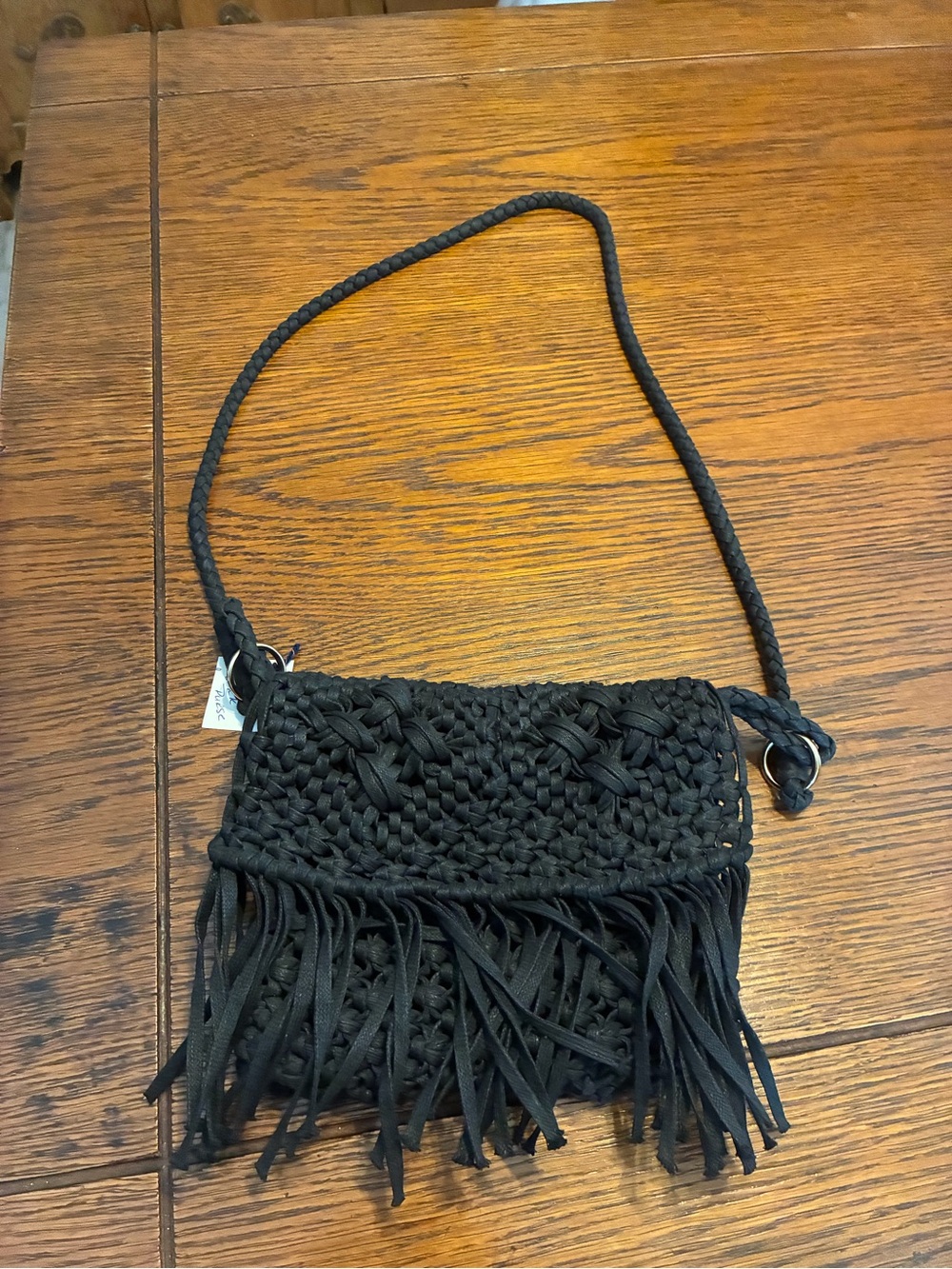 Black Woven Fringe Crossbody Bag by